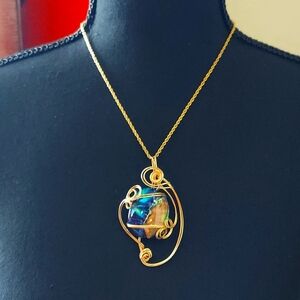 14 K Gold Wire Glass Art Pendant Sculpture Bohemian Festival Necklace Jewelry